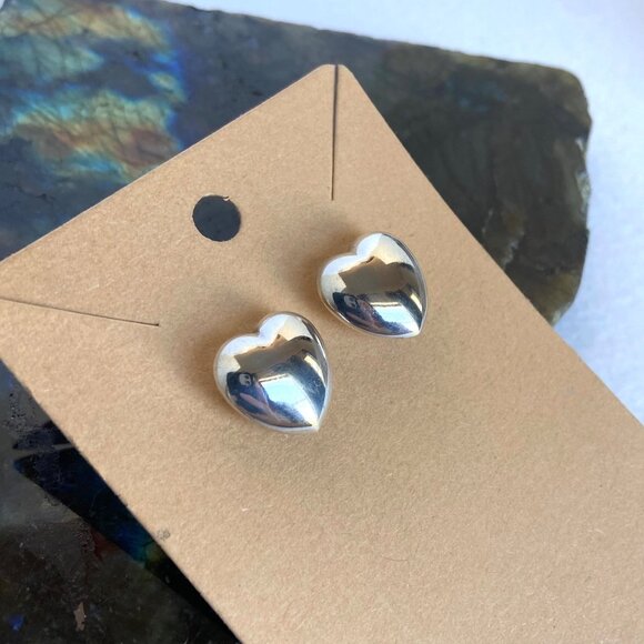 Sterling Silver 925 Italy 0.5" Hollow Puffy Heart Stud Earrings - Picture 2 of 16